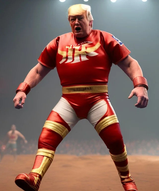 Realistic image of Donald trump wrestler, Mexican wrestling, red breeches, suspenders, retro style, 80s, red, gold, vibrant color, highly detailed, concept art, unreal engine 5, god rays, ray tracing, RTX, lumen lighting, ultra detail, volumetric lighting, 3d, finely drawn, high definition, high resolution.