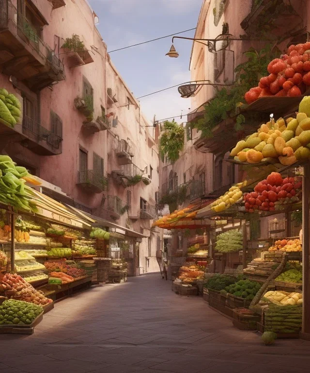 a greengrocer in colorful palma de mallorca street, salvador dali ,