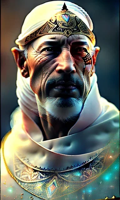 An old Arab knight man , head and shoulders portrait, 8k resolution concept art portrait by Greg Rutkowski, Artgerm, WLOP, Alphonse Mucha dynamic lighting hyperdetailed intricately detailed