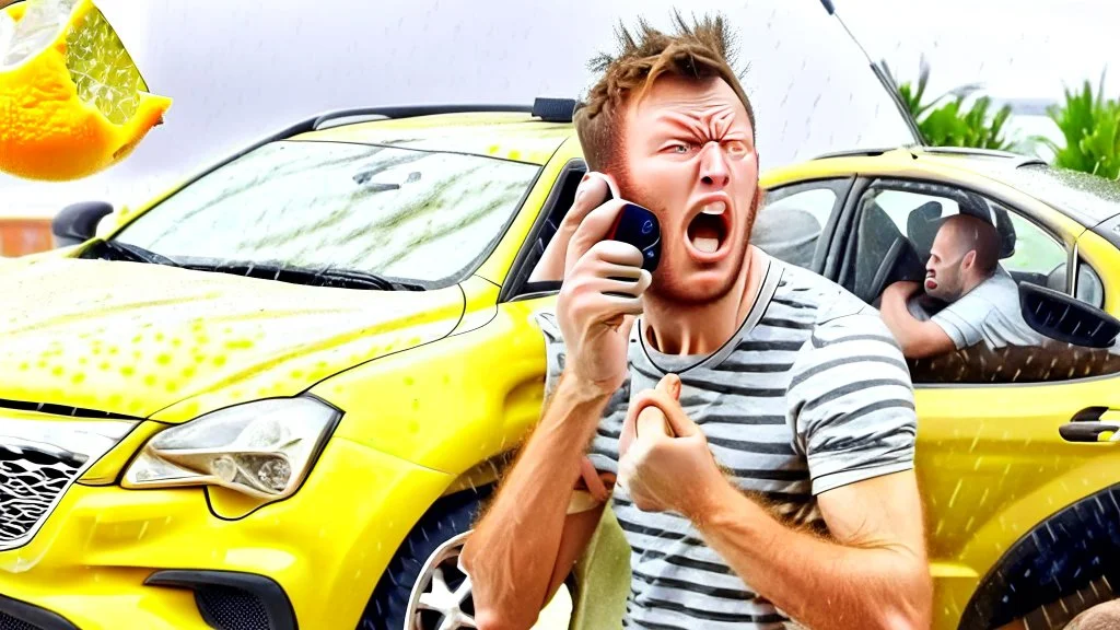 guy in hurricane arguing on phone next to his kia sportage made out of lemons