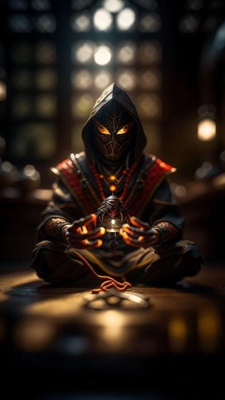 portrait of kneeling female spider drider ninja priest with bright aura carrying goblet signaling you to obey your master, seen from above, inside hall in mountain, shot on Hasselblad h6d-400c, zeiss prime lens, bokeh like f/0.8, tilt-shift lens 8k, high detail, smooth render, down-light, unreal engine, prize winning