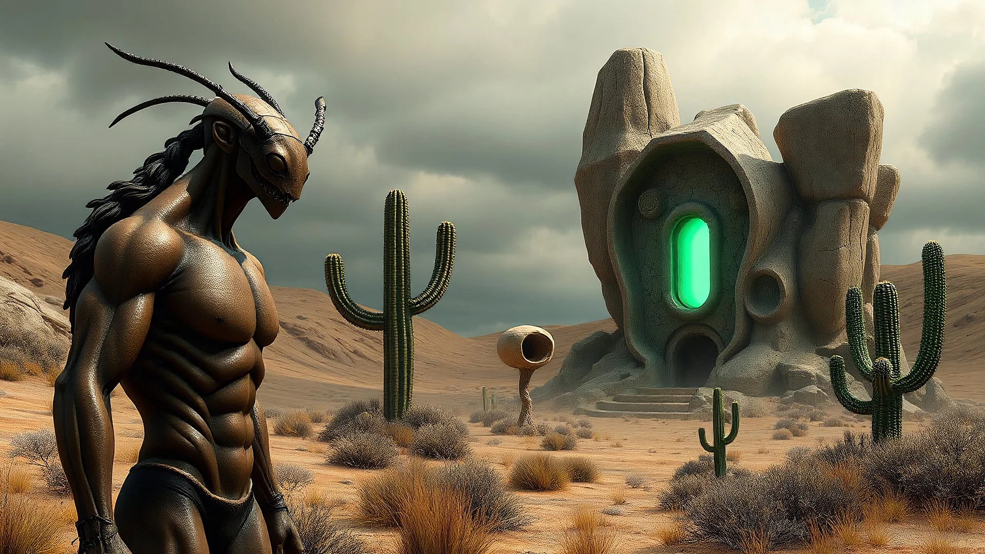 The image presents a surreal and dreamlike landscape. In the foreground, on the left, is a humanoid figure of brown tones, with prominent musculature and a head reminiscent of that of a beetle. To its right, an architectural structure emerges with an organic and rocky appearance, with angular shapes and a window that emits a bright green light. In the background, two plant figures can be seen, one of them similar to a cactus and the other with a more organic and bulbous shape, also with an openi