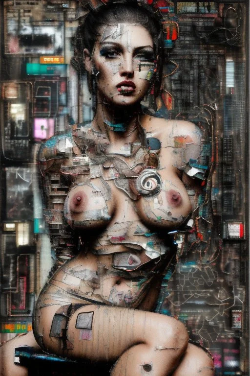 Ultra detailed medium portrait painting of a half naked woman sitting on a chair, no nudity, bended over, dark room with little light coming from an open door behind her, torn up collage of clippings, broken circuitry background, matrix effects, punk visual art, punk art aesthetic, graffiti art, pop surrealism, collage art, cluttered paint glitches