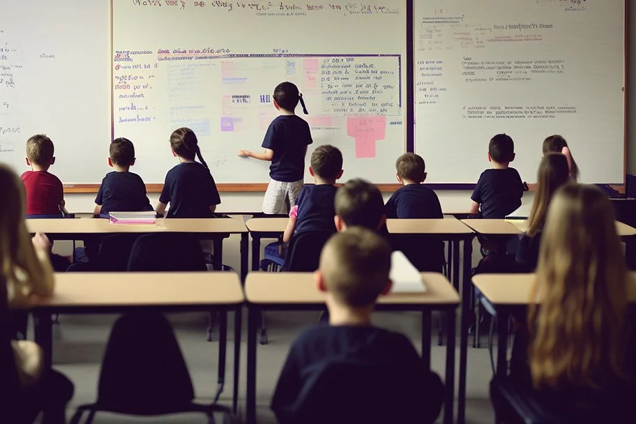 class of children's students, view from the back of the class, looking at the blackboard, students sitting at their desk and a student writing on the blackboard, real photography, reality, photojournalism