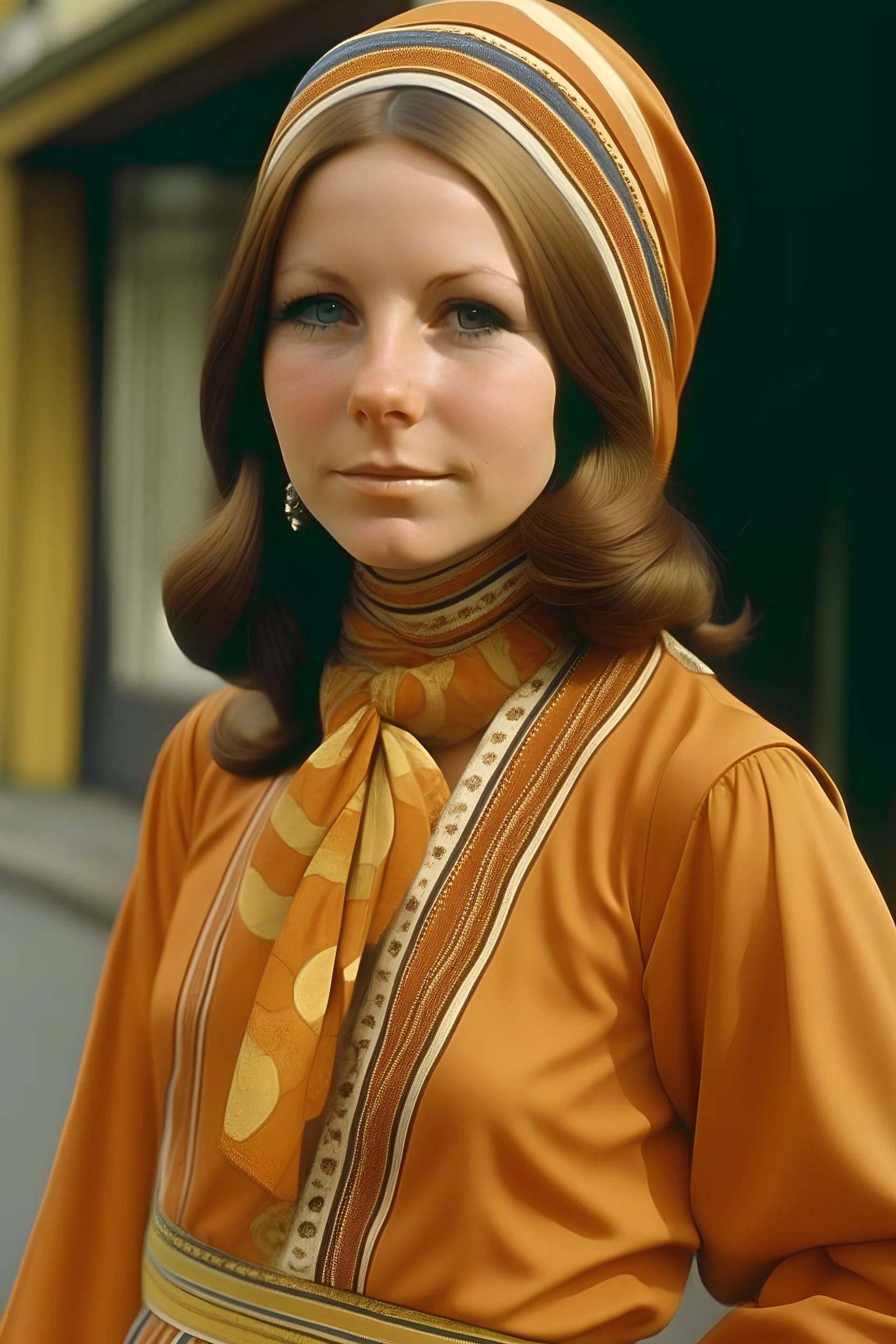 mujer de los años 70 con ropa tipica de la epoca