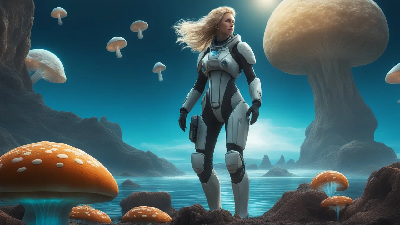 full body shot of a middle-aged, blond-haired woman in an exosuit, standing on a rock, on the shores of an alien world, with mushrooms with jellyfish tentacles floating in the air, photorealistic, Detailed Matte Painting, Deep Colour, Fantastical, Intricate Detail, sunshine, blue sky