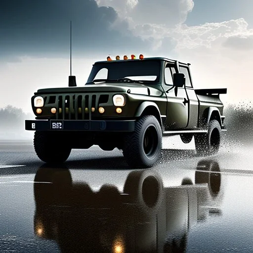 photorealistic shot, military truck, monotone color palette, sharp focus, puddle reflection, tire water splash, refraction, mist on the horizon, shadowcast, detailed and intricate, cinematic composition