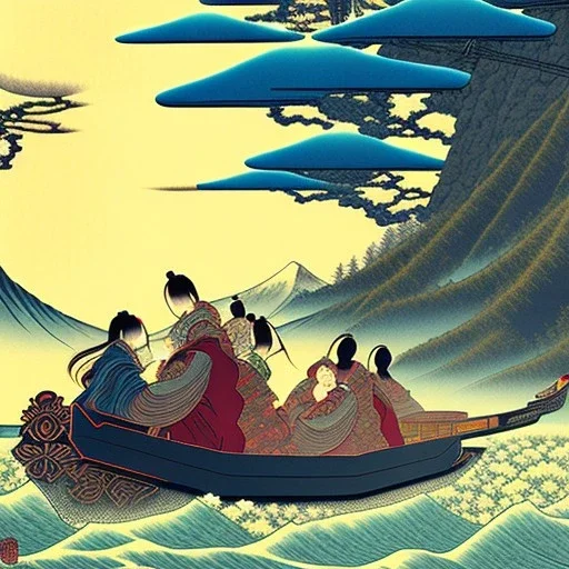 Ukiyo-e styled art, stream, mountain, sun, family on a boat