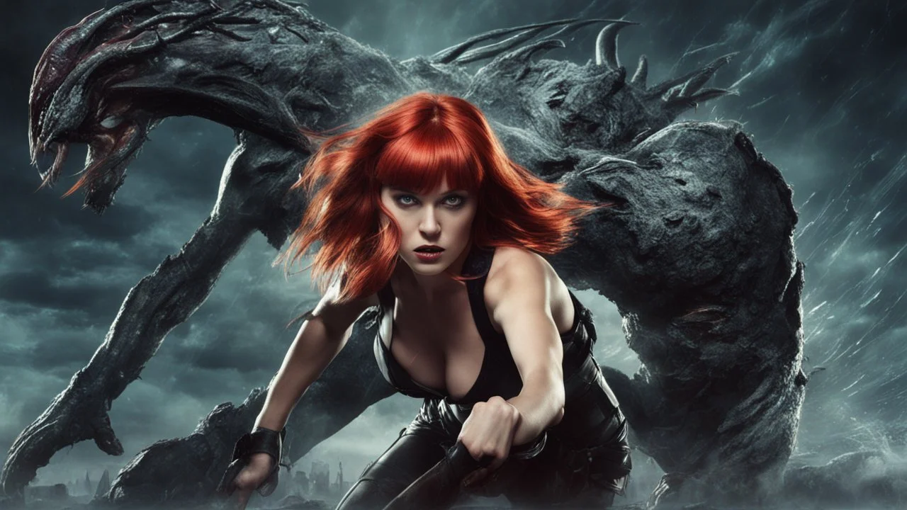 Full-body retro photo of a woman with straight red hair and a Fringe, in a fight with a monster, wrapped in tenacles, in an action pose, sci-fi Background