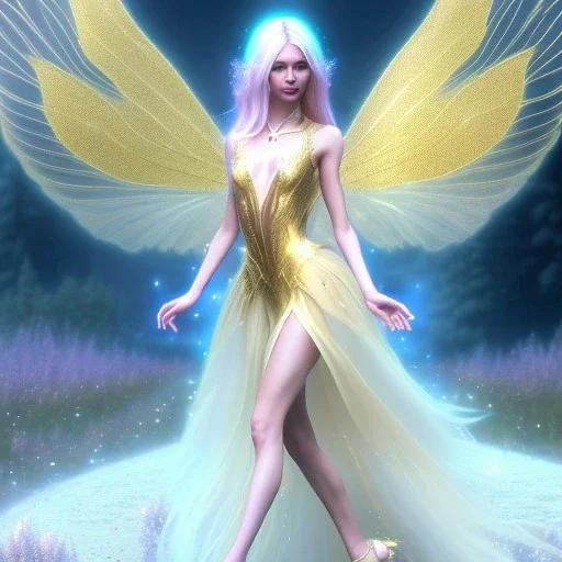 beautiful fairy very etheric, nice smiling, long blond hair, magic glamour pink make up, delicate colors, complete vision of very transparent golden and big wings, beautiful glamour transparent golden dress, ultra sharp focus, 8k, unreal engine 5, extremely sharp detail, light effect, soft light atmosphere, smooth, full of details, face in front, complete vision of face and hair and of the body