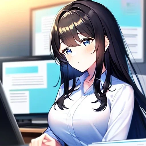 Clear focus, 8k, high quality, detailed, beautiful lighting, girl, vibrant colors, black long hair, vibrant blue eyes, sleeping at desk, office clothes,