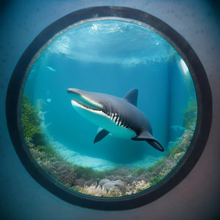 A cute little Basking Shark in a small circular fish tank.