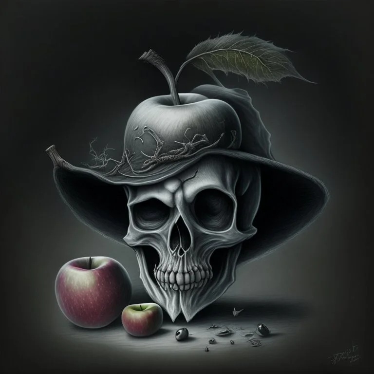 Realistic drawing of a Skull with a Witch hat, Skull has ghost eyes and is eating from a poison apple.