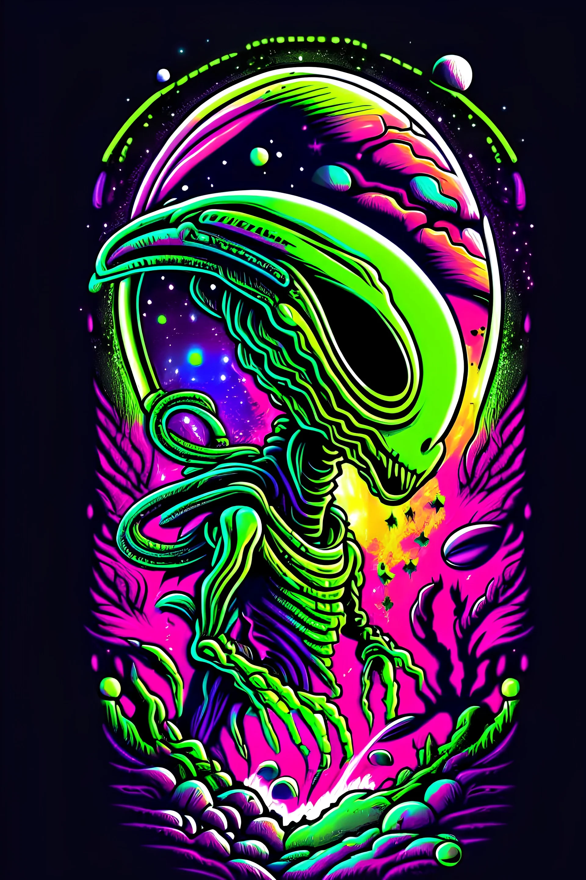 very details alien lost in galaxy background, T-shirt design, streetwear design, pro vector, Japanese style, full design, 8 colors only, solid colors, no shadows, full design, Bright colors, sticker, bright colors