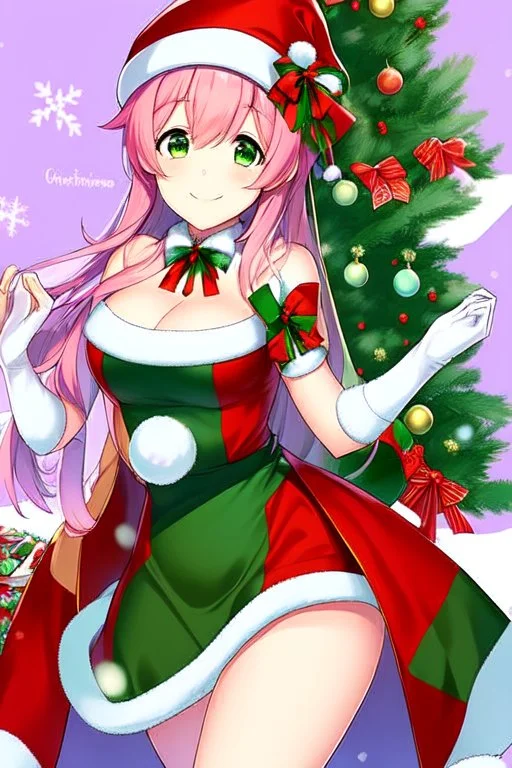 cute anime girl, wearing classic Christmas hat, smiling, green eyes, medium pink hair with purple gradient, Christmas background with trees and lots of snow