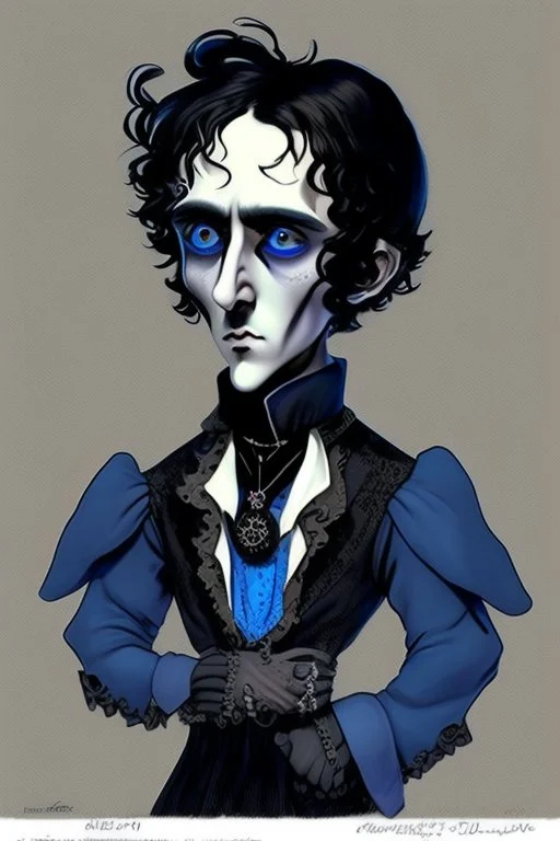 black haired blue-eyed young man necromancer goth gnome that looks like Edgar Alan Poe with gothic jewelry, in the style of Charles Addams