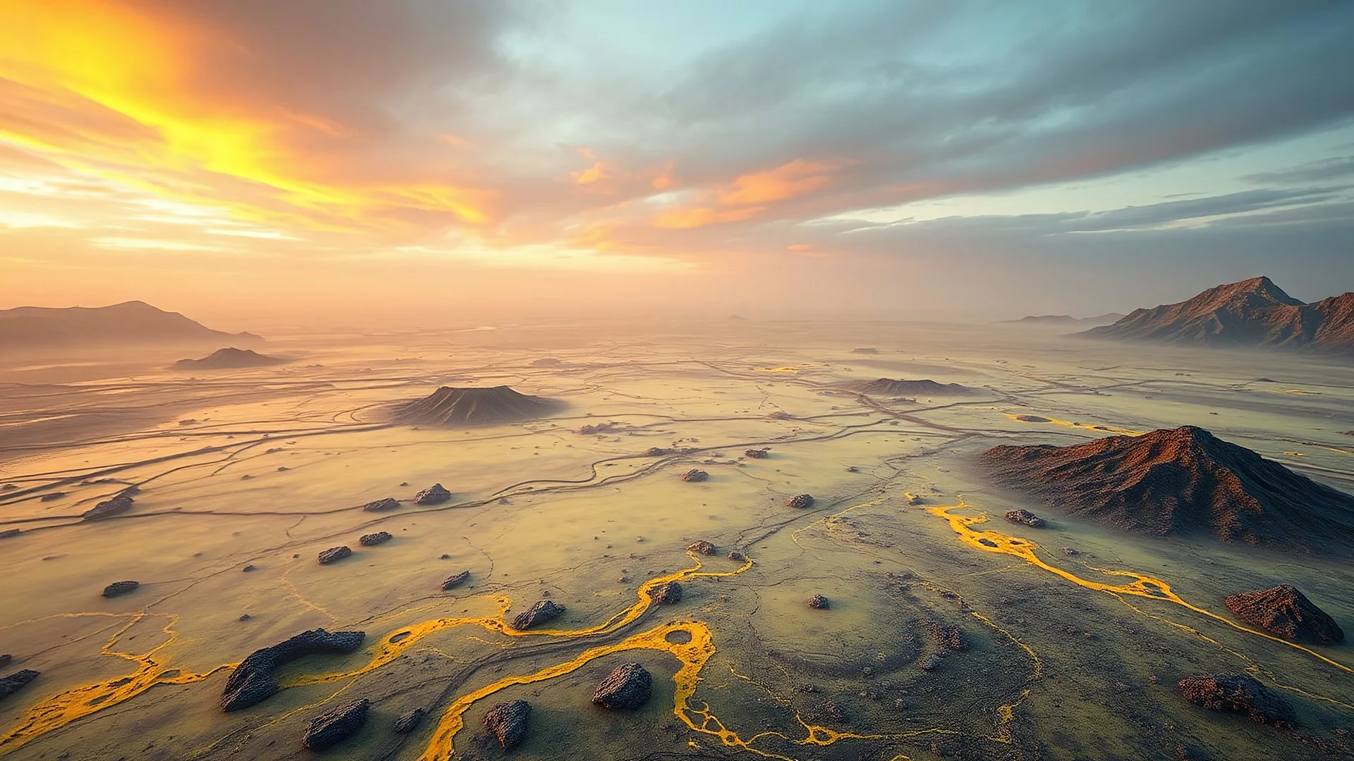 aerial view of a landscape covered in ash and sulfur that looks futuristic with futuristic lighting, horizon, realistic rendering