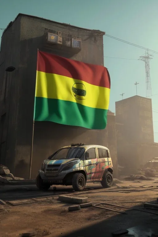 cyberpunk, ghana flag, trotro, village, 8k quality