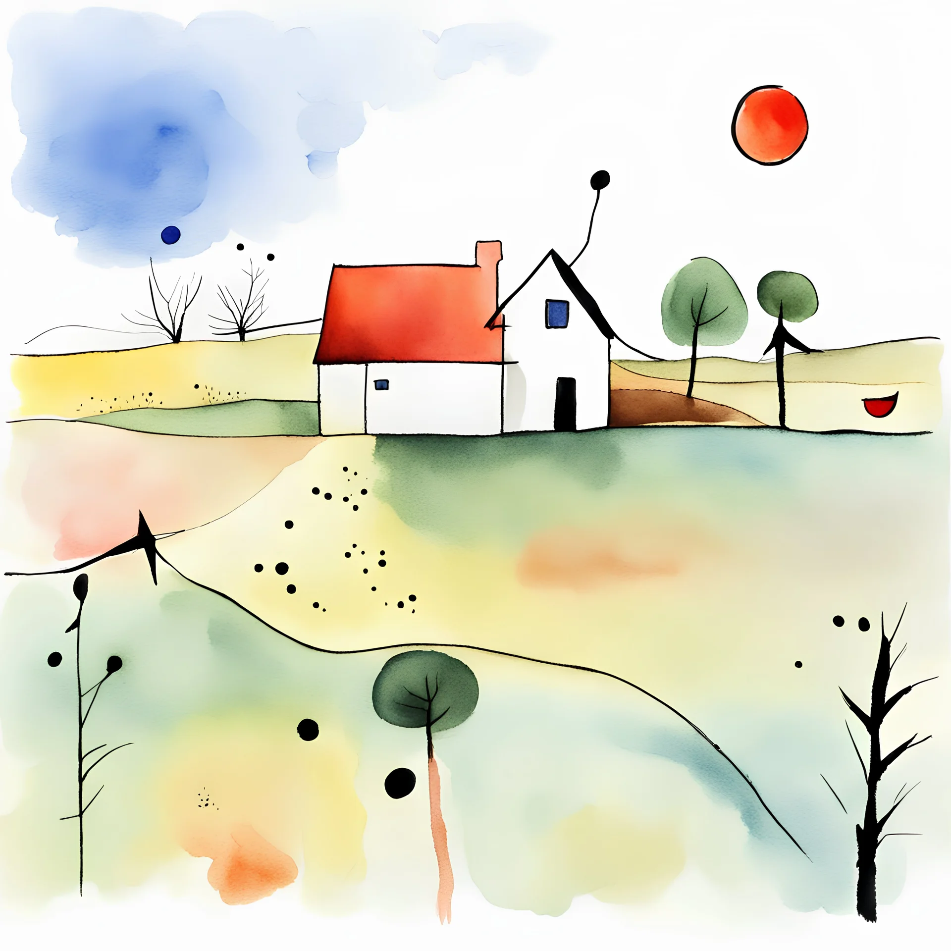 Draw me a farmhouse watercolour in the style of **Joan Miro- Surrealism/Abstract Art:** - Miro's whimsical and poetic *Peaceful Harmony Color Palette:** - soft