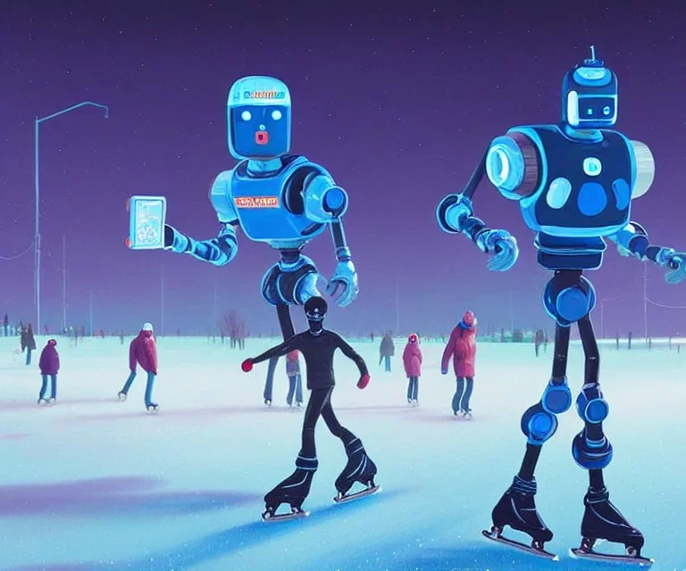 closeup of Robots Ice Skating, simon stalenhag