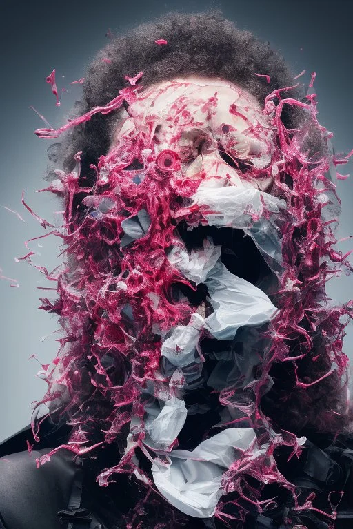 a dramatic 8k image of a person with a plastic covering the face, struggling to breath and trying to break free as it s tighly pulling over the face, chaos80