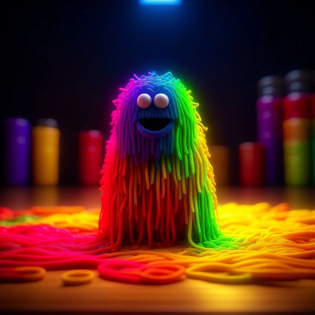 spaghetti rainbow monster, motion blur, 8k, downlight, soft light, depth of field, photorealism, trending on art station, lotsa detail