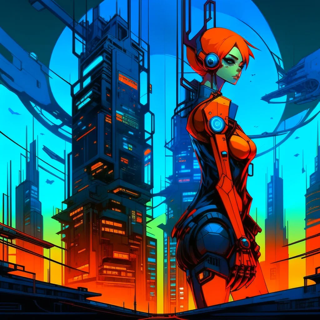 cyberpunk retro futuristic for comics in orange