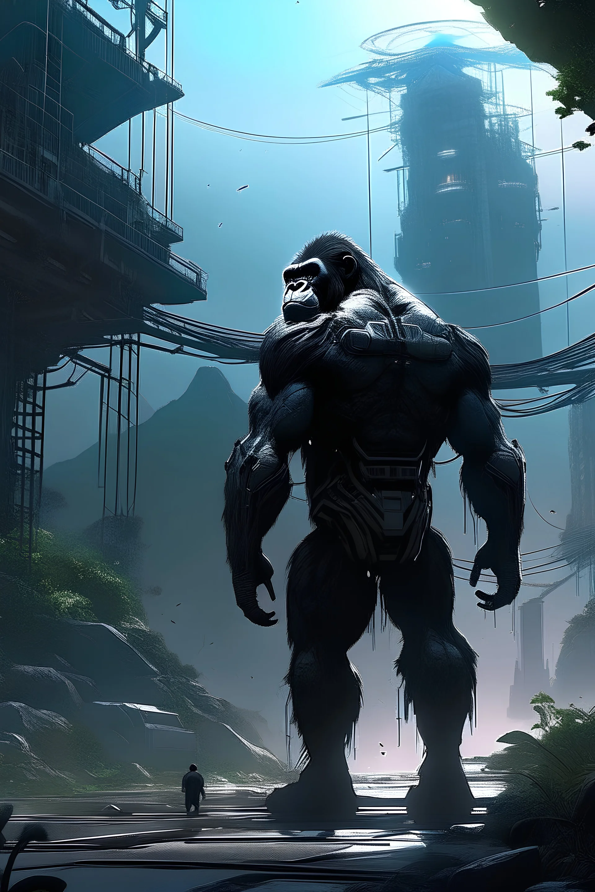 Gorilla walking in cyberpunk dystopia landscape