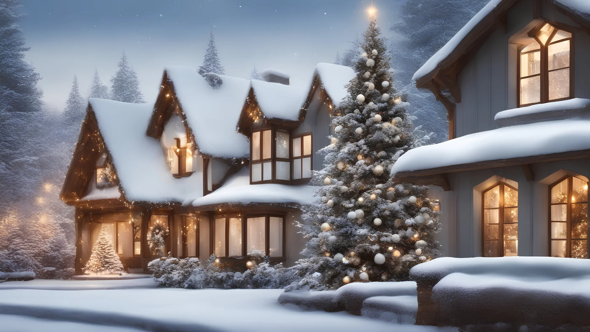 high quality, A magical image of a snowman,, where soft flakes gently fall from the sky. A majestic Christmas tree, adorned with twinkling lights, stands out in the scene. spreading Christmas joy. The gentle light from the stars and Christmas decorations creates a warm and enchanting atmosphere, capturing all the magic of Christmas.