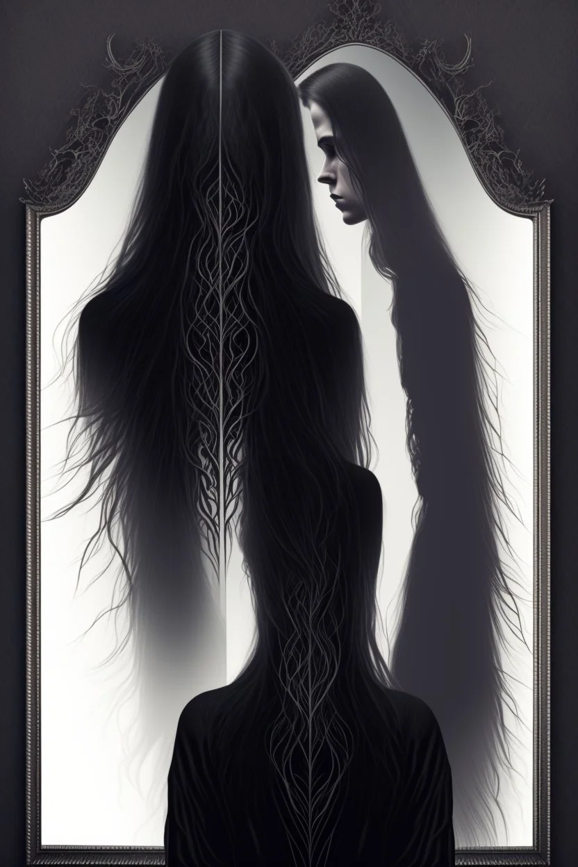 back view of a woman, beautiful long hair, her reflection in a mirror is an empty face, symbolism for the question "who am I", 32k, Mysterious and gothic, chaotic