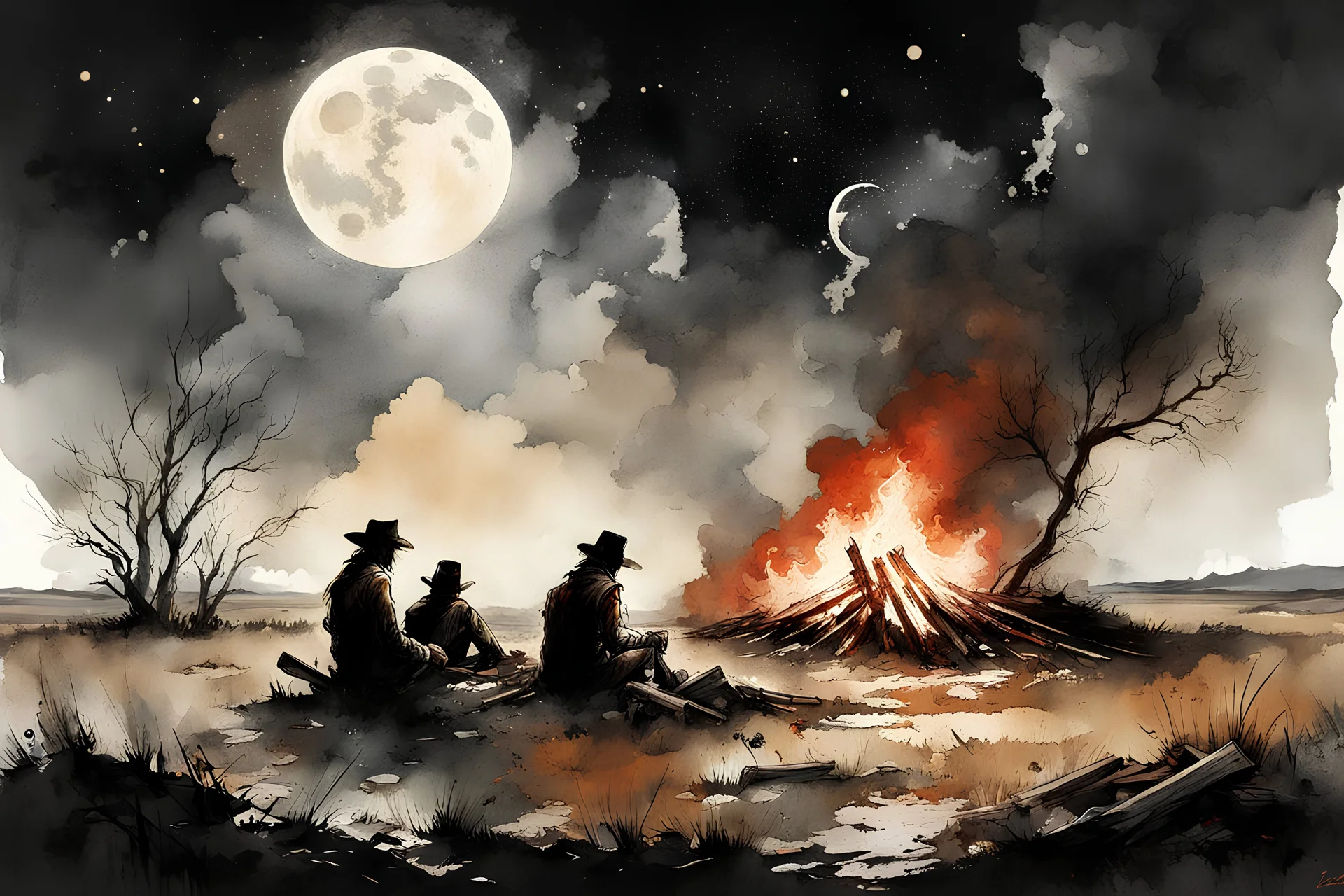 expansive longshot of zombie cowboys in distance sitting around a fire in middle of a vast prairie at night, impressionism, watercolor painting, medium visible brush strokes, ink splatter, depiction of light in in its changing qualities, cosmic horror, by Claude Monet and Gabriel Pacheco, opulent moonlight, diagonal composition, by Russ Mills, zombiecore