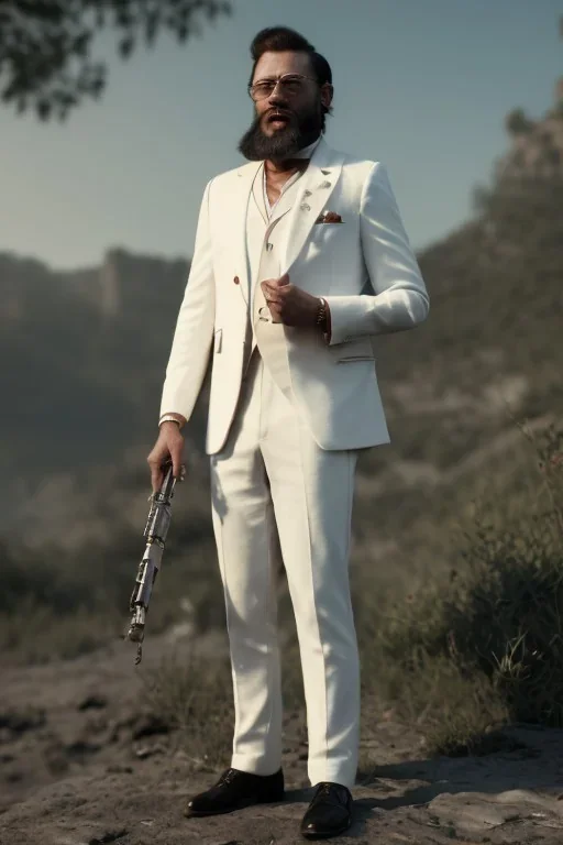 8K, a Highly detailed stunning portrait of Dom man with a a sexy lover, white suit, beard, and short hair, bad boy