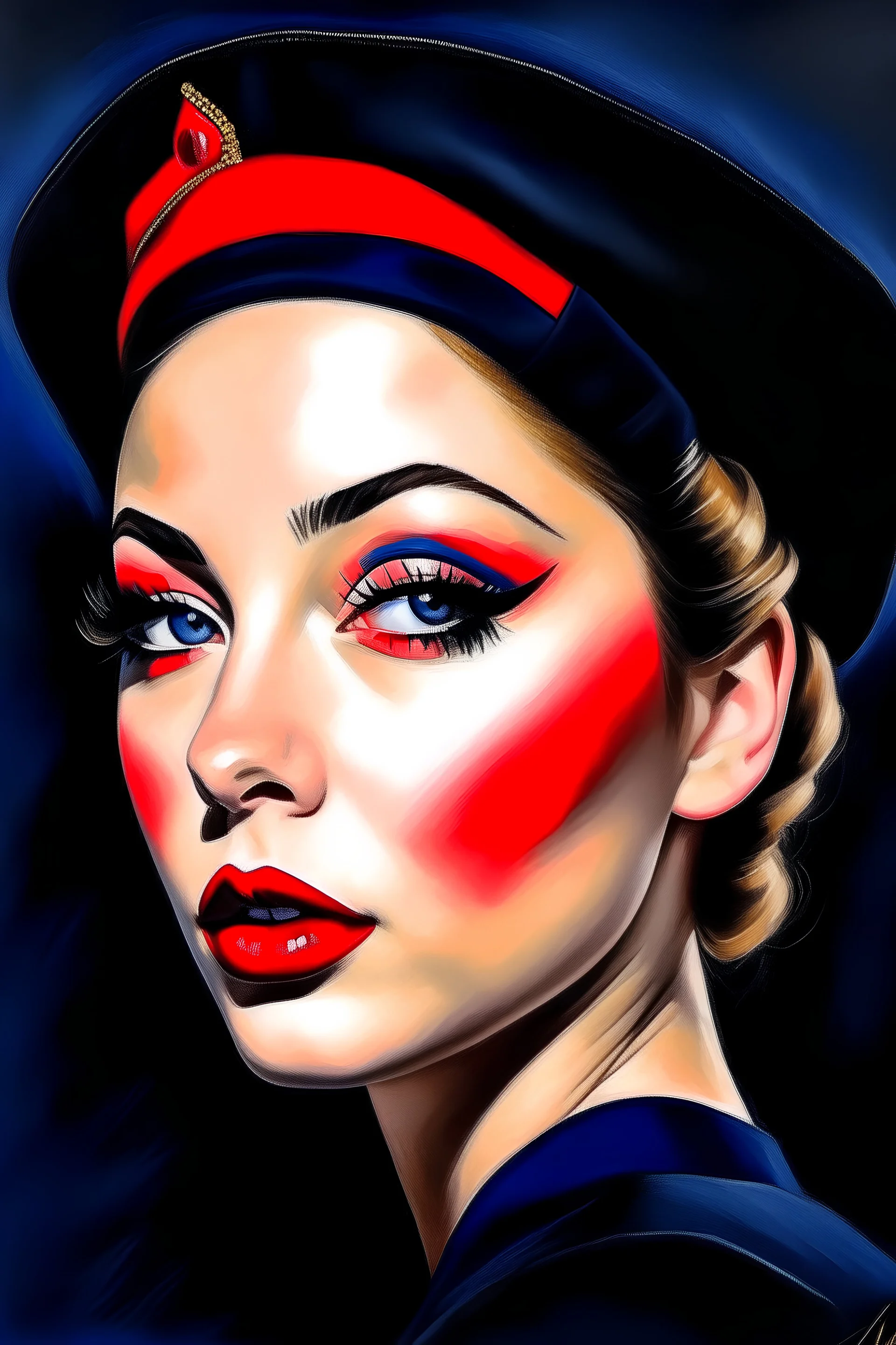 painting of french stewardess lady with long eyelashes and red lips