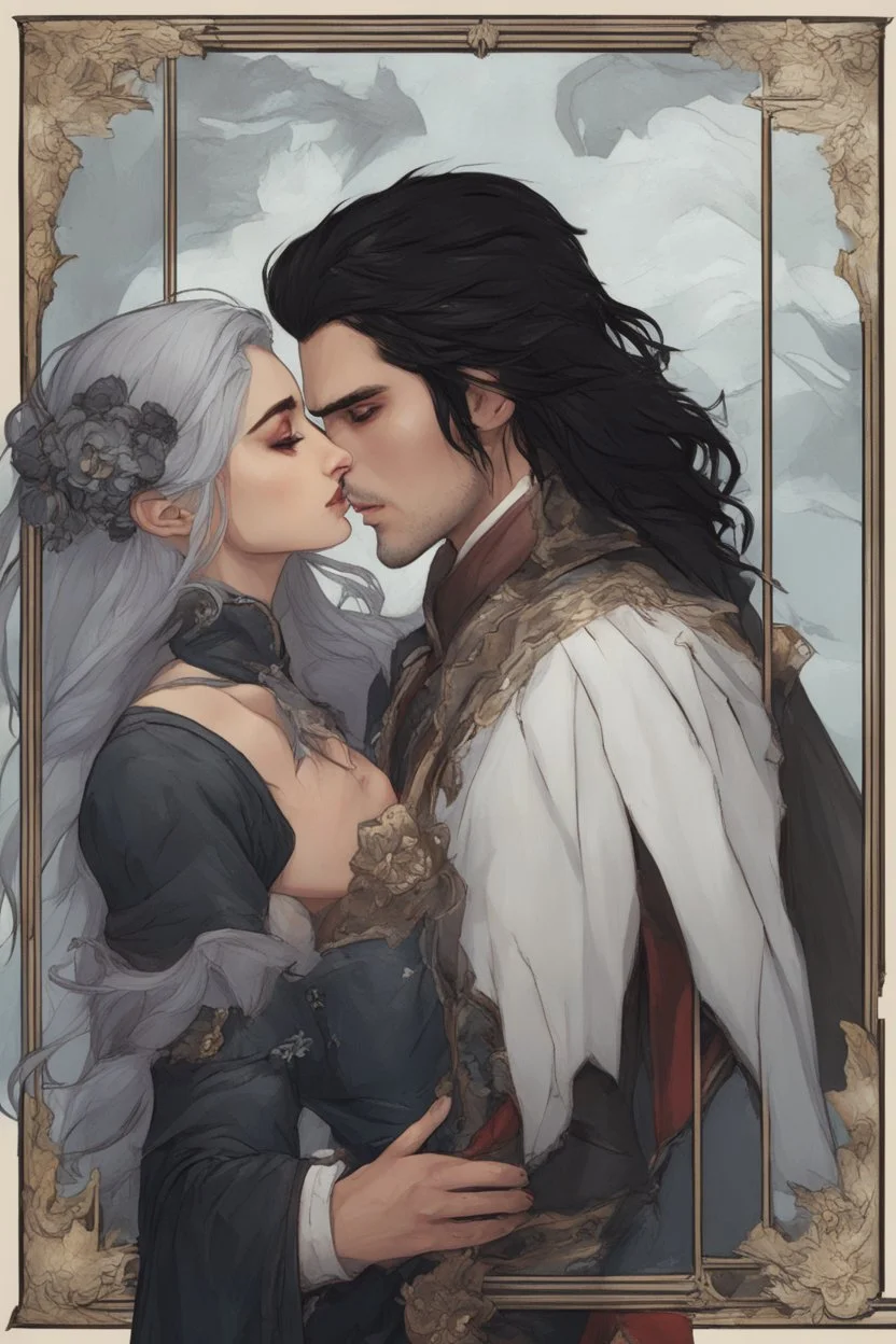 A couple from the dnd game curse of Strahd kissing. She has white hair he has long black hair.