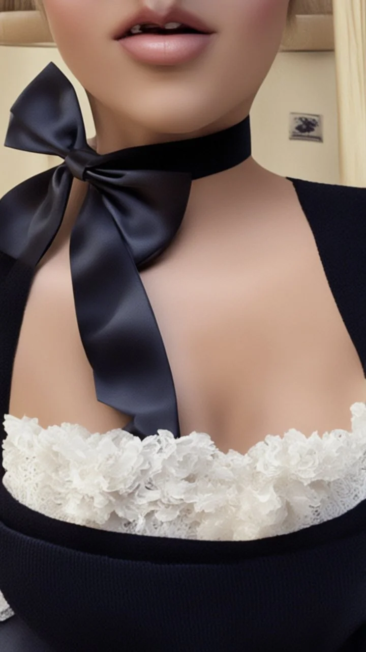 a girl wearing a black bow in her neck