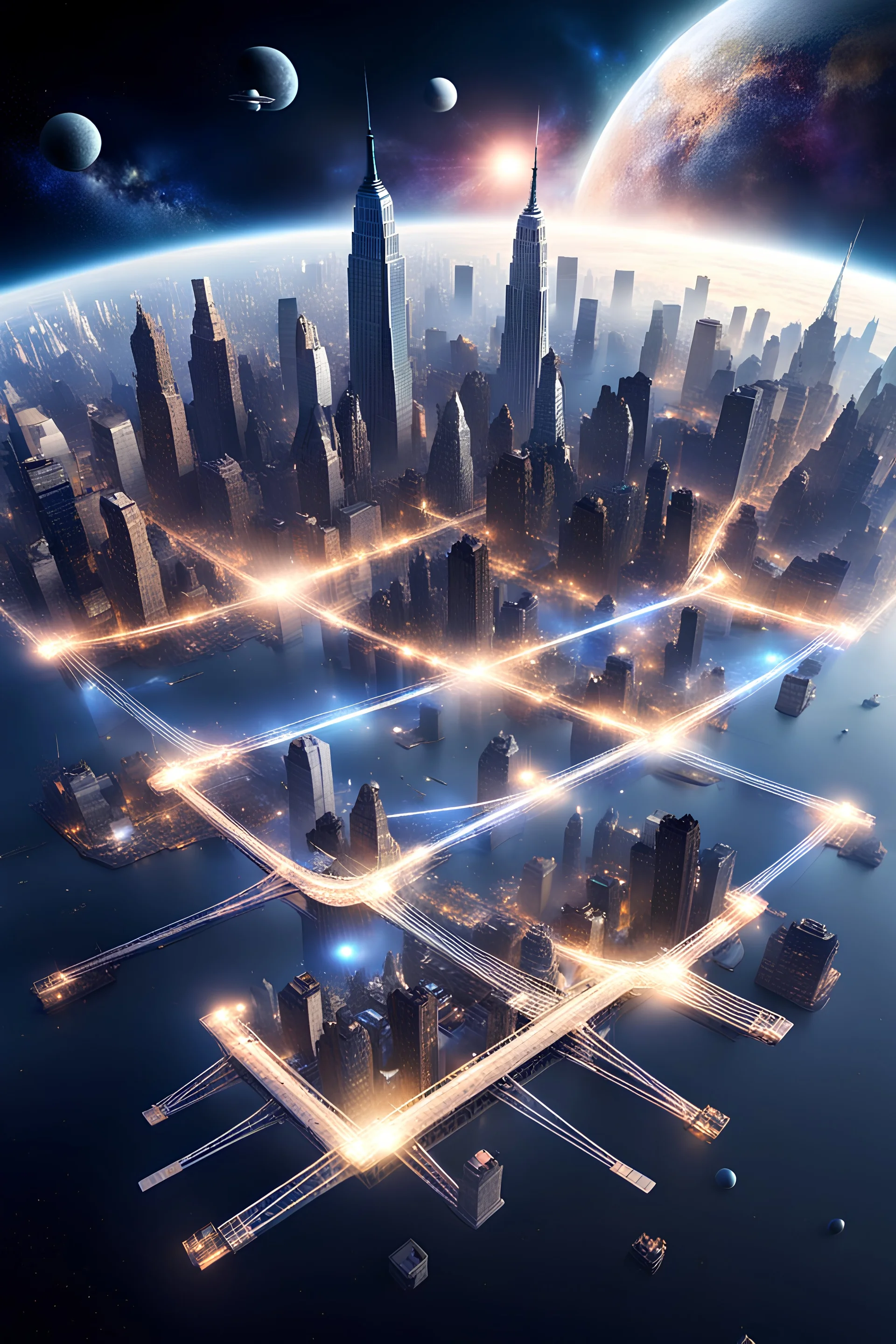 Create New York City in the Galaxy floating and the City are connected with floating bridges