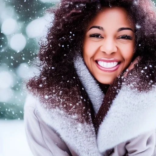 black woman with brown eyes, perfect smile walking in winter wonderland