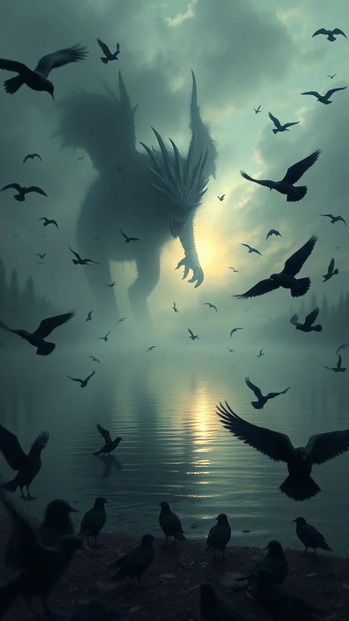 Bosch painting style nightmare , 3D , a monster of the mysterious lake from distant view surrounded by black birds, high Quality picture , 8k