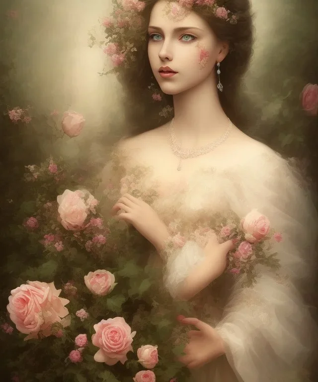 portrait borders Princess with big bobs long hairs black eyes no top with roses