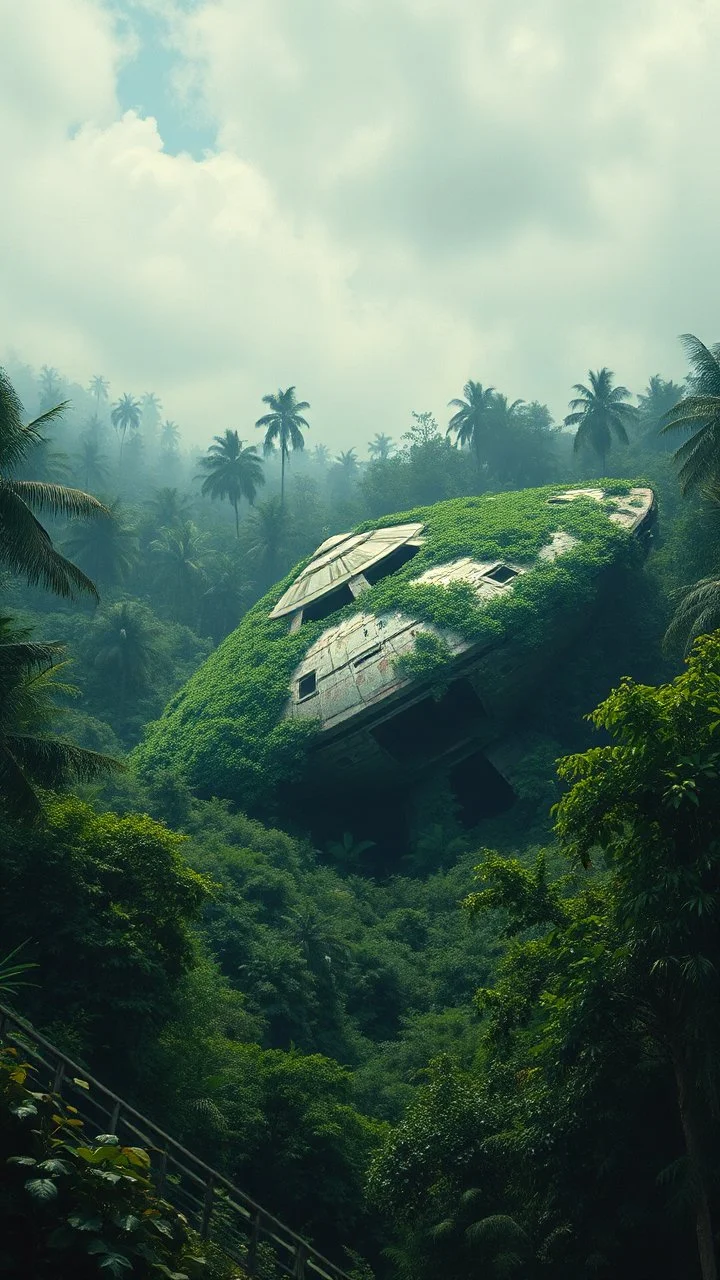 An abandoned UFO spacecraft crashed in the Amazon rainforest , covered with green bushes, Busch painting style nightmare