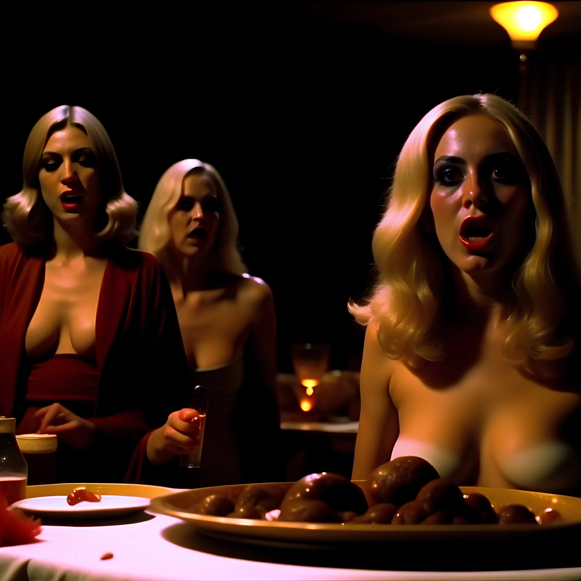 Horror movie shot, spooky, hot, ultra realistic, dine, ultra realistic hot blonde women, party, pieces of meat, black eye, organs, ail, dynamic, very excited people, hypermaximalist figures, light, 1970's Italian horror movie, sinister,, Dario Argento, Stanley Kubrik, ornate, 4k, photorealism