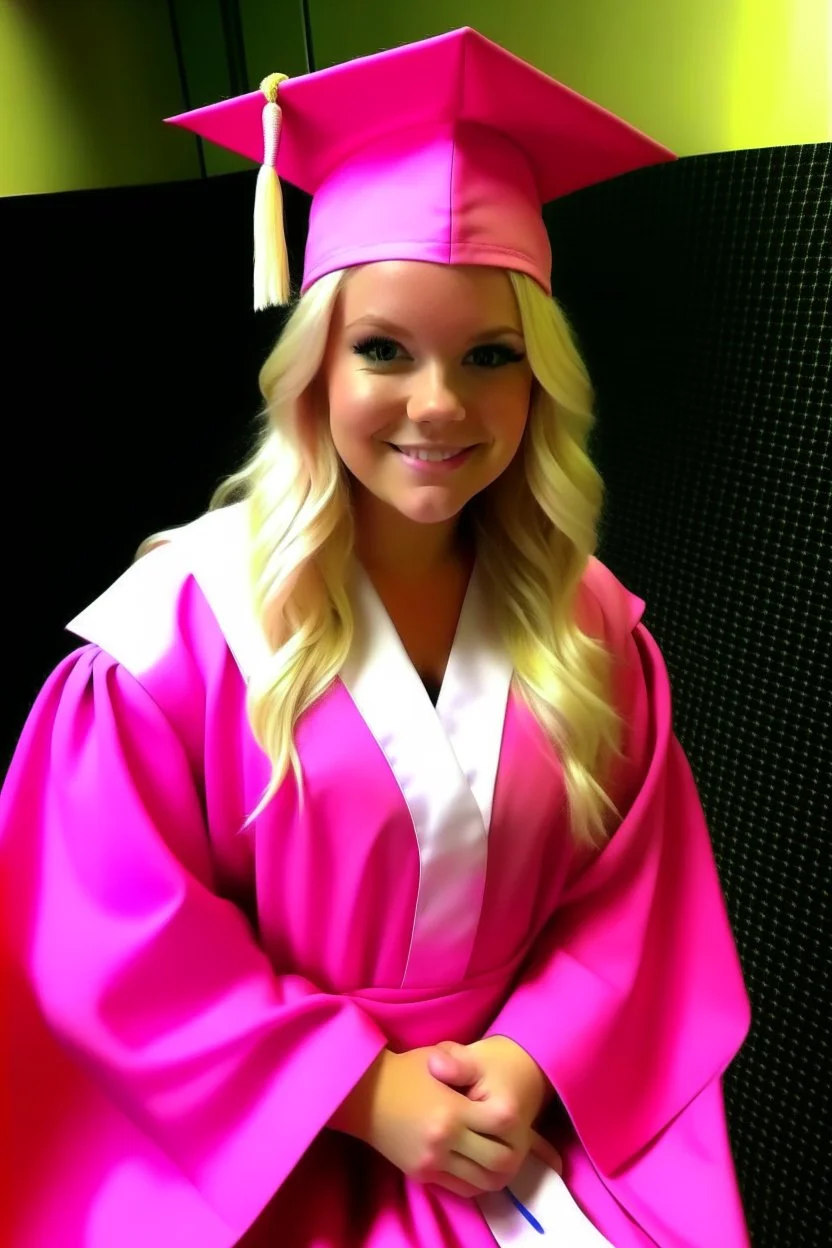 Een dom blondje die haar dokterdiploma heeft gekregen dankzij CHATGPT. Straalt domheid uit. Haar graduation outfit is volledig roze.