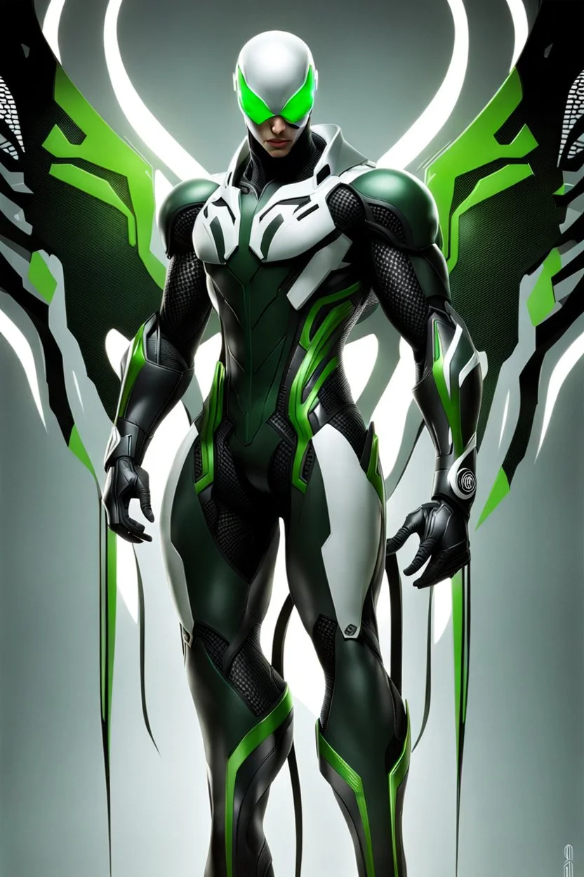 Cyborg symbiote, white color, green color, tendrils, high tech, cyberpunk, biopunk, membrane wings, carbon fiber, cyber tentacles, and the other two.