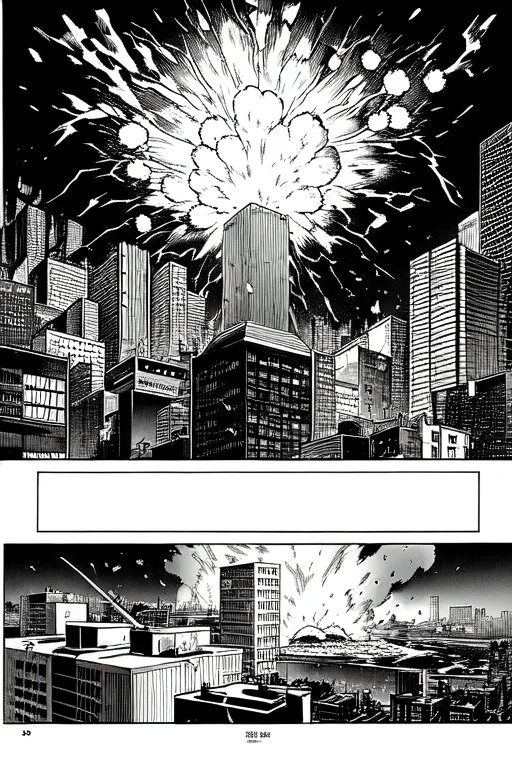 explosion in city, manga page, greyscale