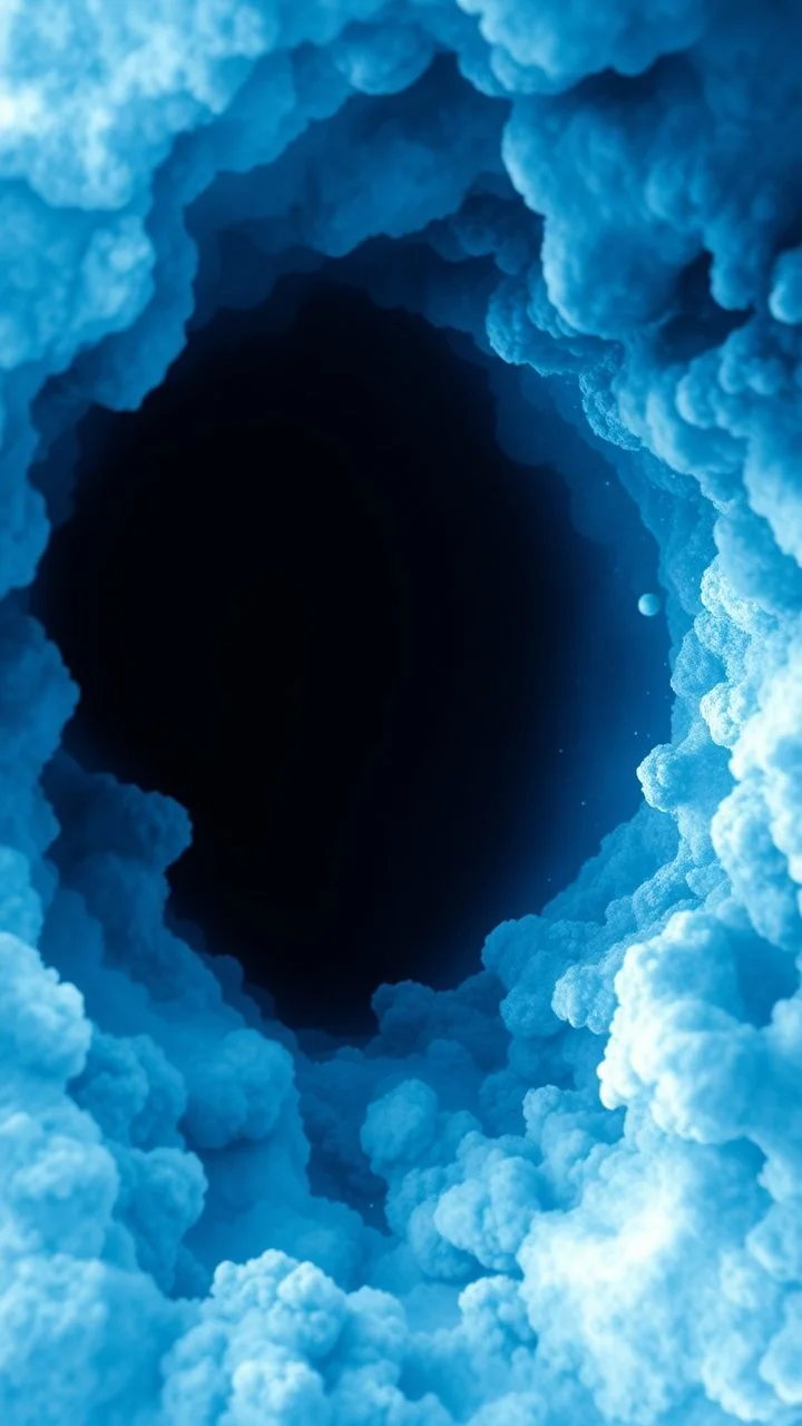 Intense cold dark blue Hole explosion in deep space. Hole apocalypse wipes out Universe. Cold blue cloudy hole collision explodes in outer space.a shape of devilish face with hood in the hole ,Epic galaxy with growing black hole. Cinematic interstellar