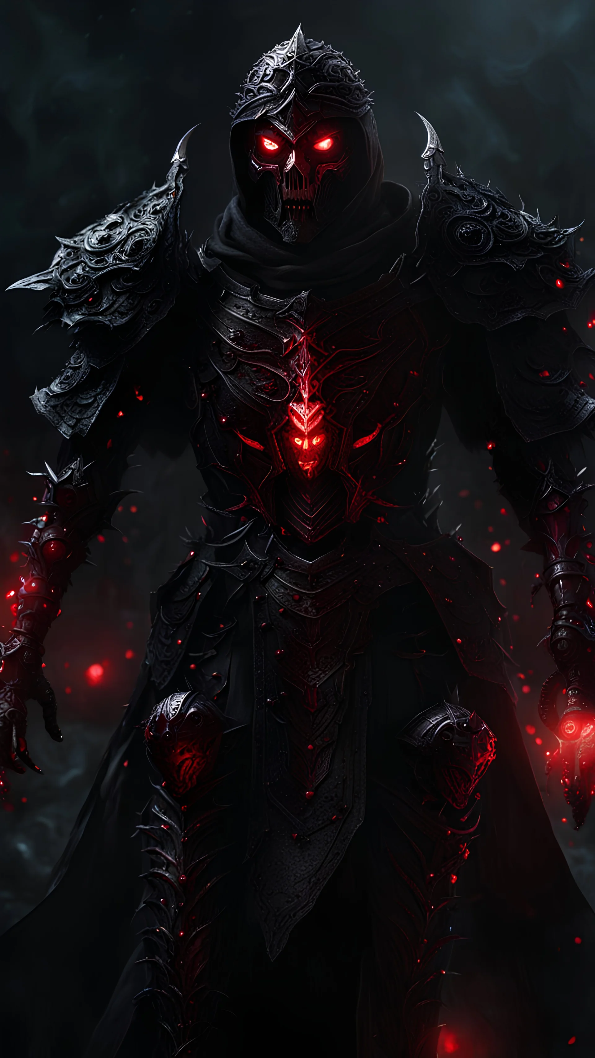 dark fantasy, close up blood acolytw, armored, intricate details, insane details, volumetric lighting, ominous atmosphere, ominous lights, spectral atmosphere, red sparkles, ritual scenario