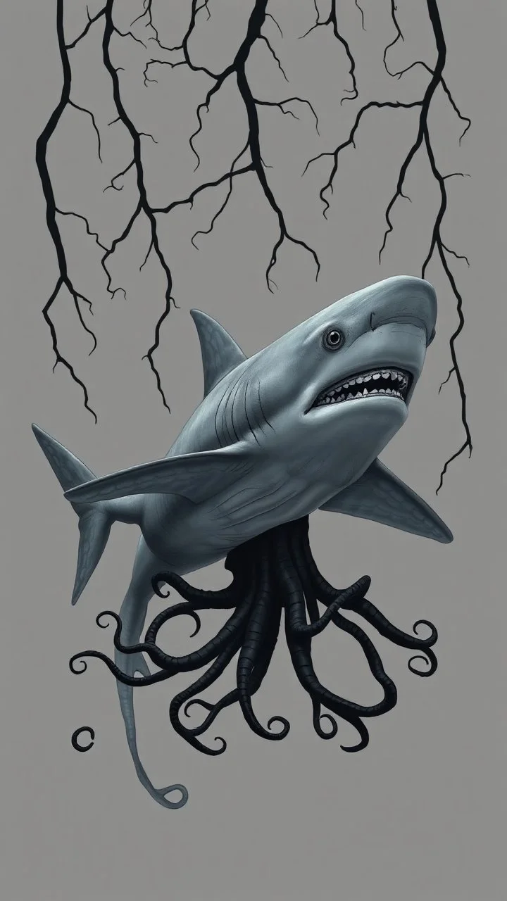 Giant gray shark in a gray background of black vein, human veins, mixing together a lot of them, like a forest, big and small veins a lot of them, a black creature looks like an octopus with many arms