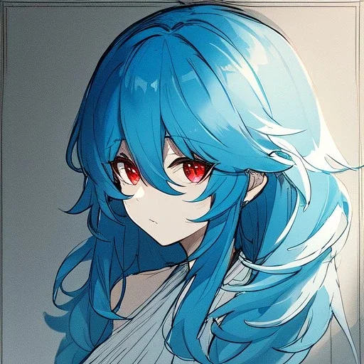 Clear focus, High resolution, rough line sketch art, blue hair, fluffy hair, between eyes, red eyes, no light in eyes