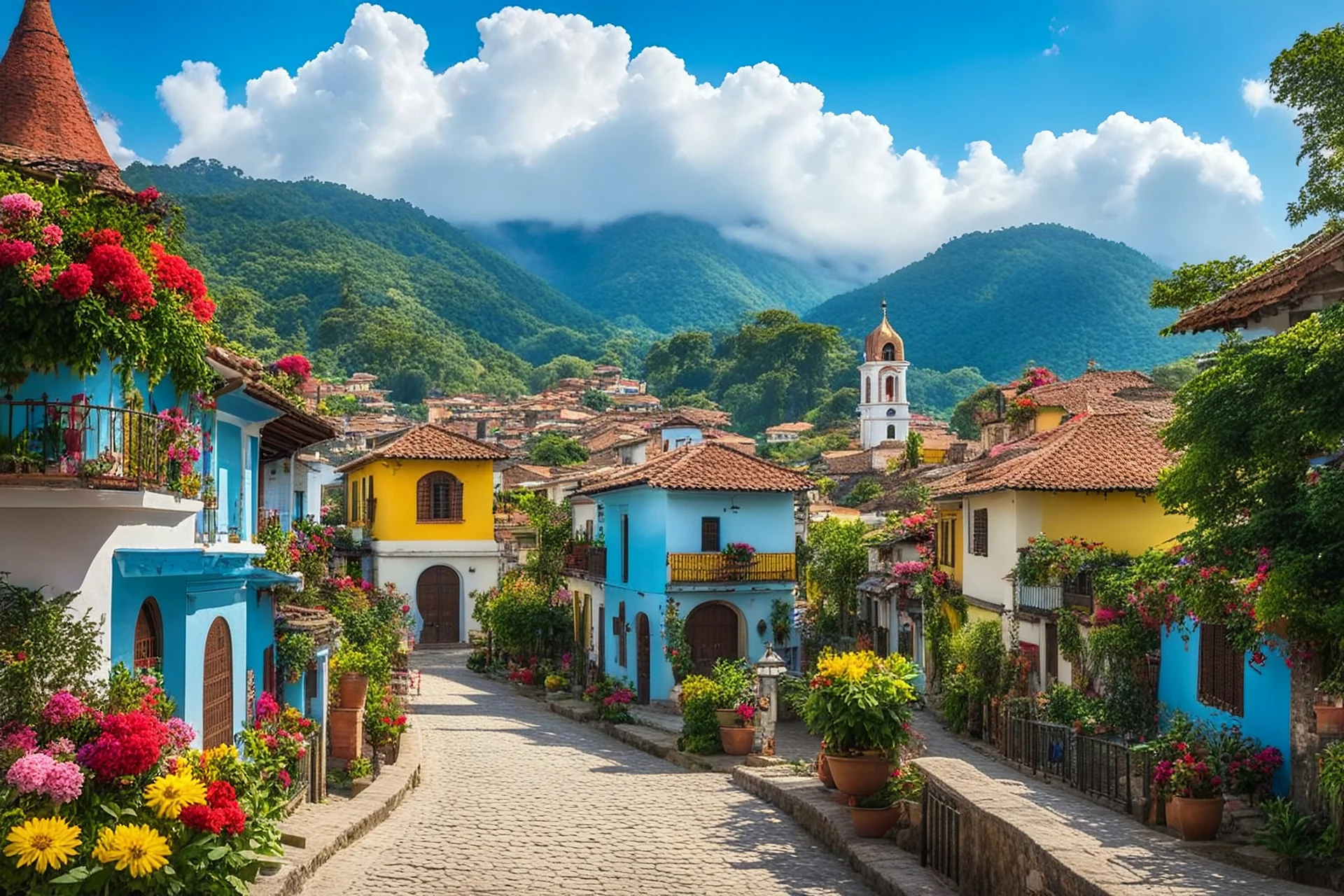 Ilustra un pueblo tradicional colombiano con coloridas y brillantes casas de estilo colonial con techos de tejas, calles adoquinadas y flores vibrantes adornando los balcones . Al fondo un rio, un camino y arbustos, un cielo azul claro. En la plaza del pueblo hay una pequeña iglesia con un campanario.