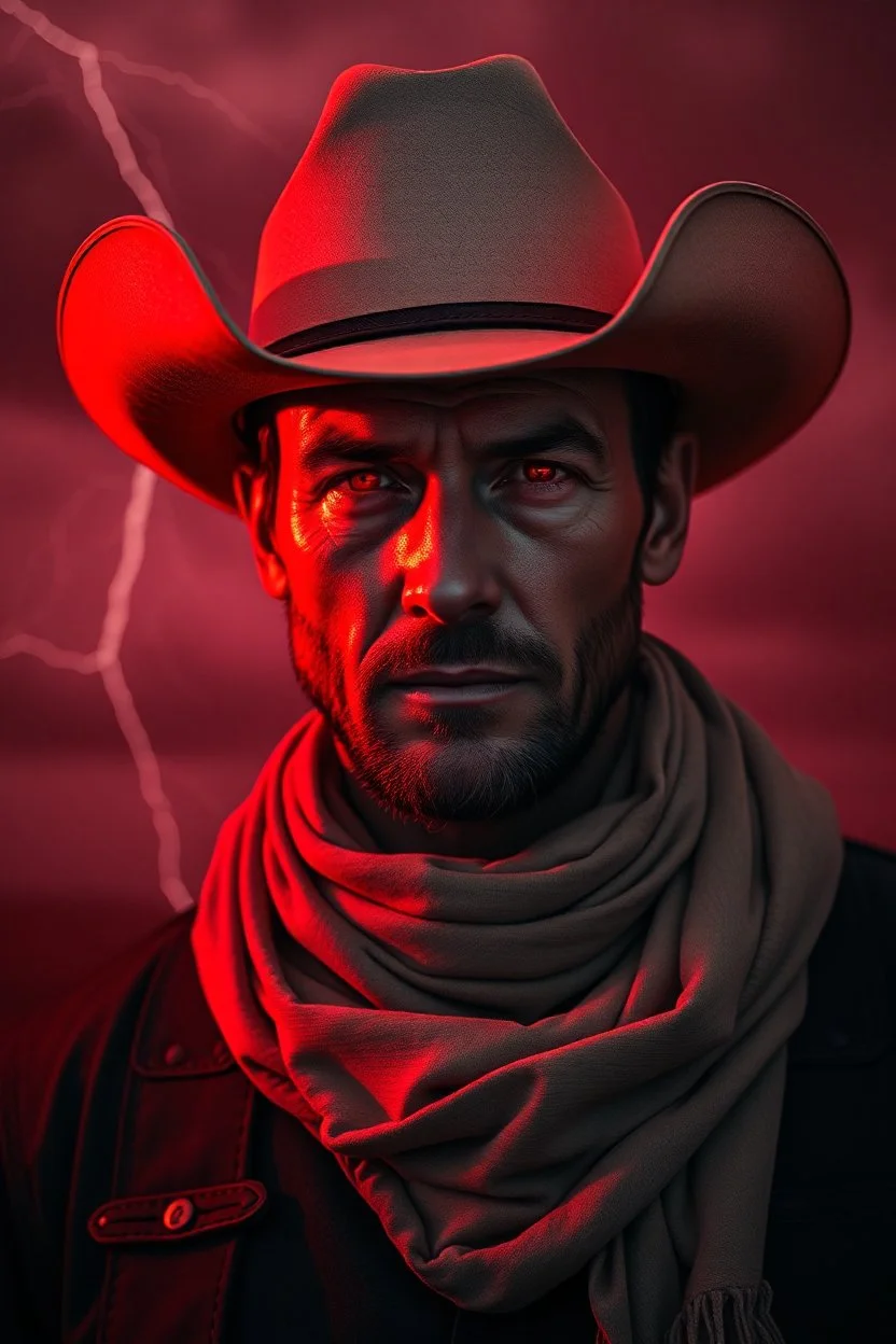 A cowboy portrait with a red light reflecting in their cybernetenhancements.red background all are red cloudy stormy with thunder in the background with be eye black latched